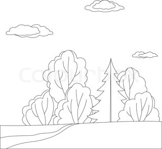 320x294 Vector, Landscape Forest, River And Sky With Clouds, Contour
