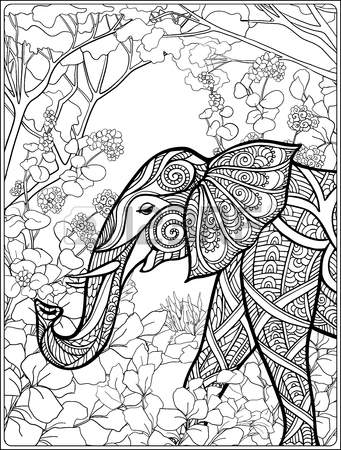 341x450 Coloring Page With Elephant In Forest. Coloring Book For Adult