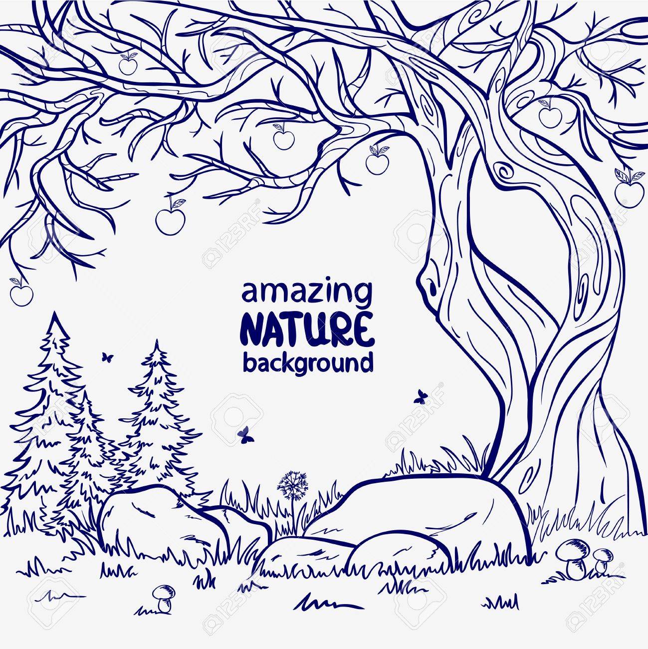 1299x1300 Sketch Silhouette Of A Beautiful Forest Landscape Royalty Free