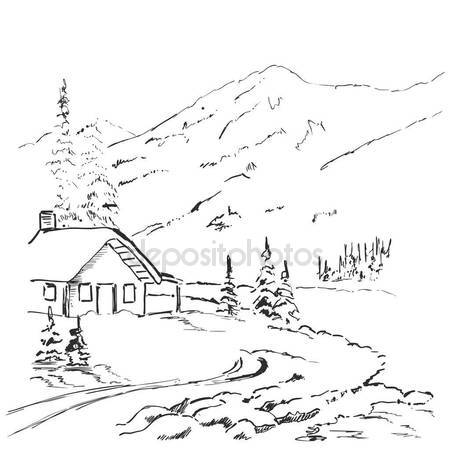 450x450 Vector Graphic Sketch. Winter Forest Landscape With House