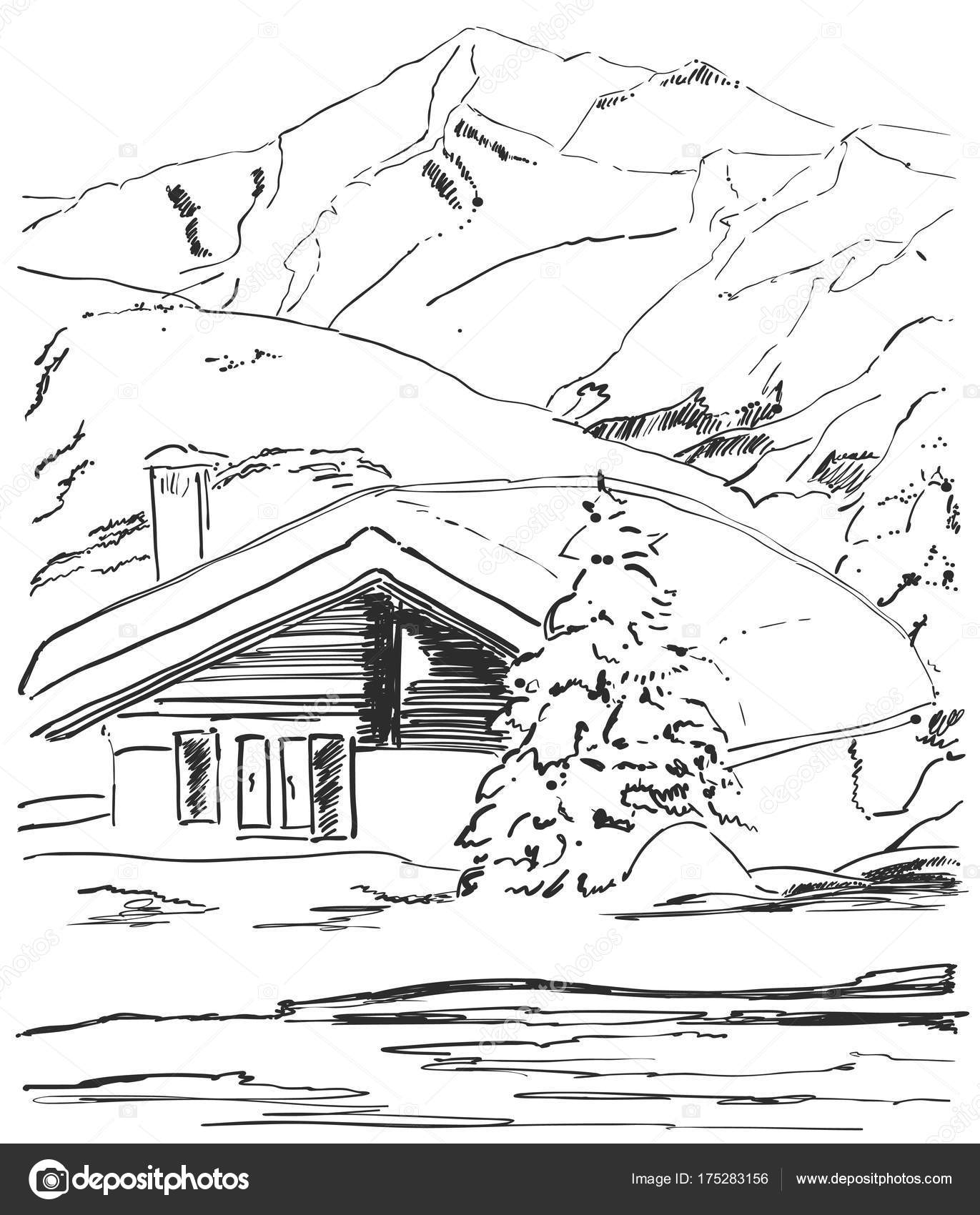 1371x1700 Vector Graphic Sketch. Winter Forest Landscape With Snow Covered