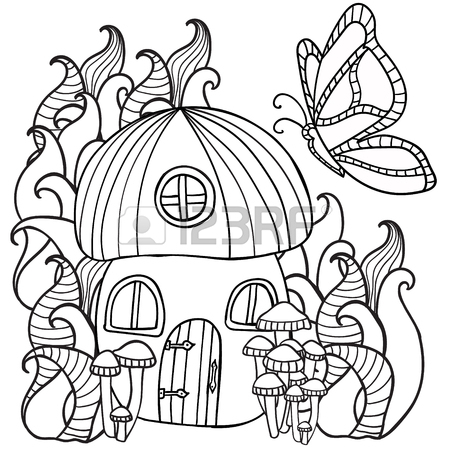 450x450 Adult Coloring Book Page. Rainbow In Magic Mushrooms Forest