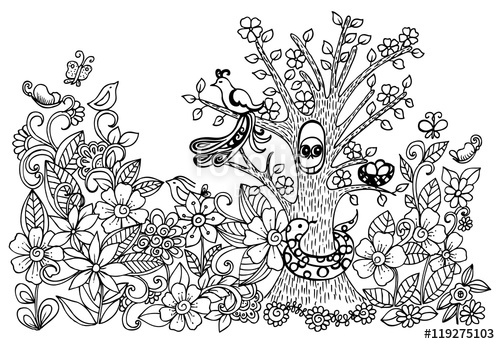 500x344 Doodle Drawing Of Magical Forest. Vector Image With Wild Animals