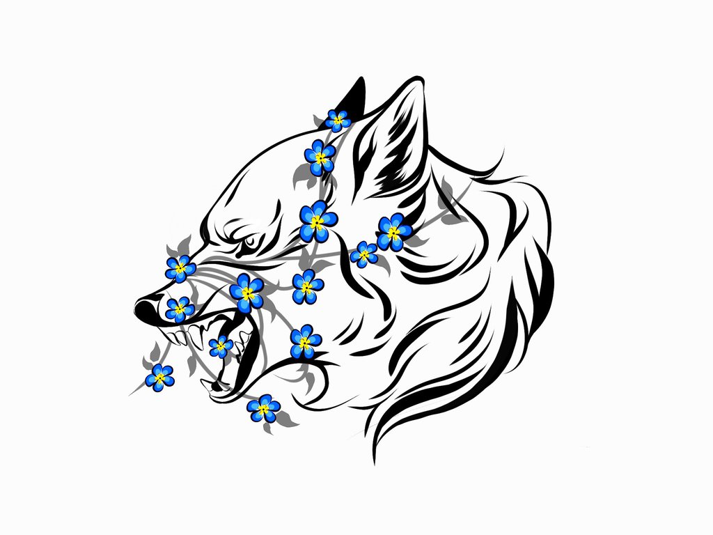 1024x768 Tatoo With A Wolf And Forget Me Not Flowers By Hi Ku