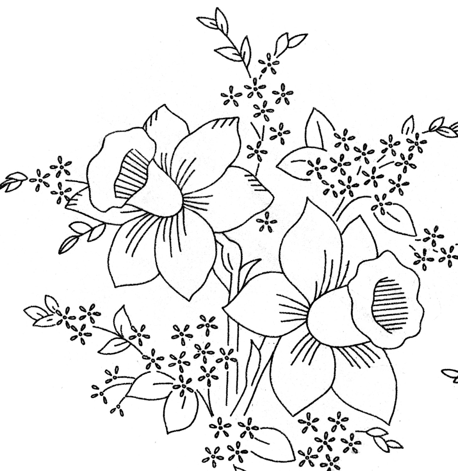 1458x1500 Old Embroidery Transfer 582 Flowers Bleeding Heart Pansy Violet