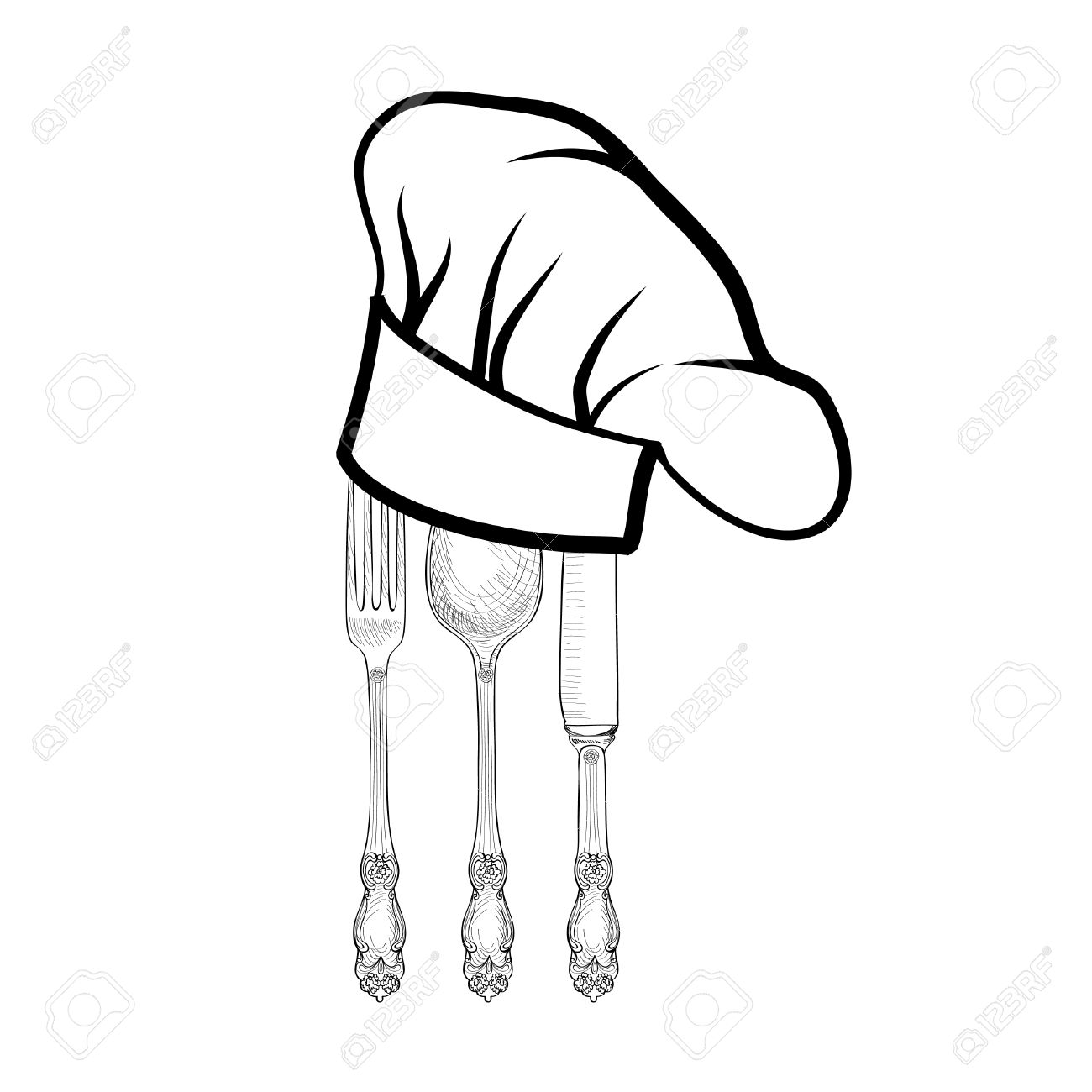 1300x1300 Chef Cook Hat With Fork, Spoon And Knife Hand Drawing Sketch