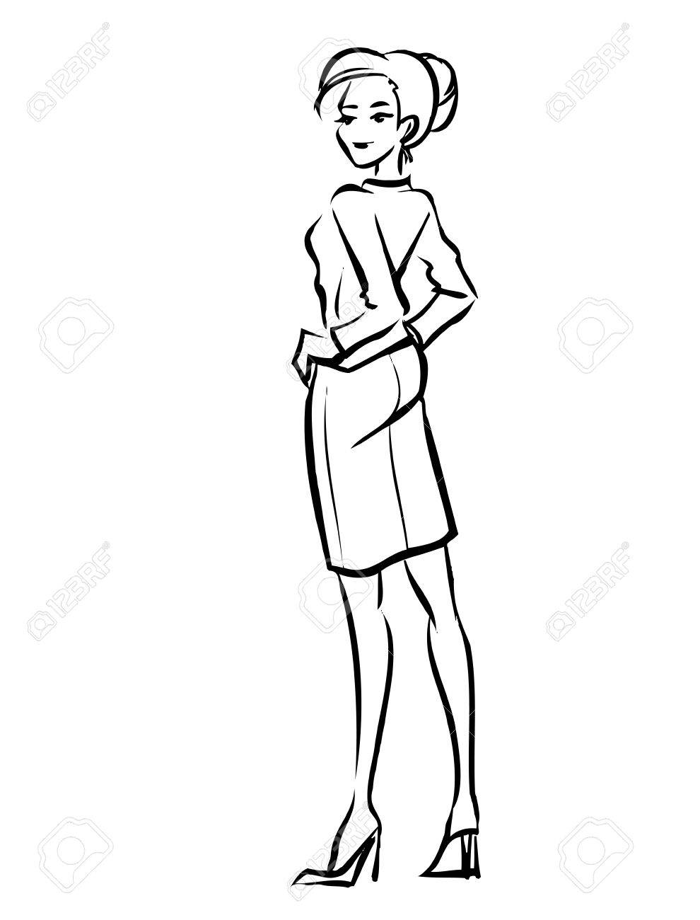 990x1300 Woman In Formal Suit. Art Line, Hand Drawing Stock Photo, Picture