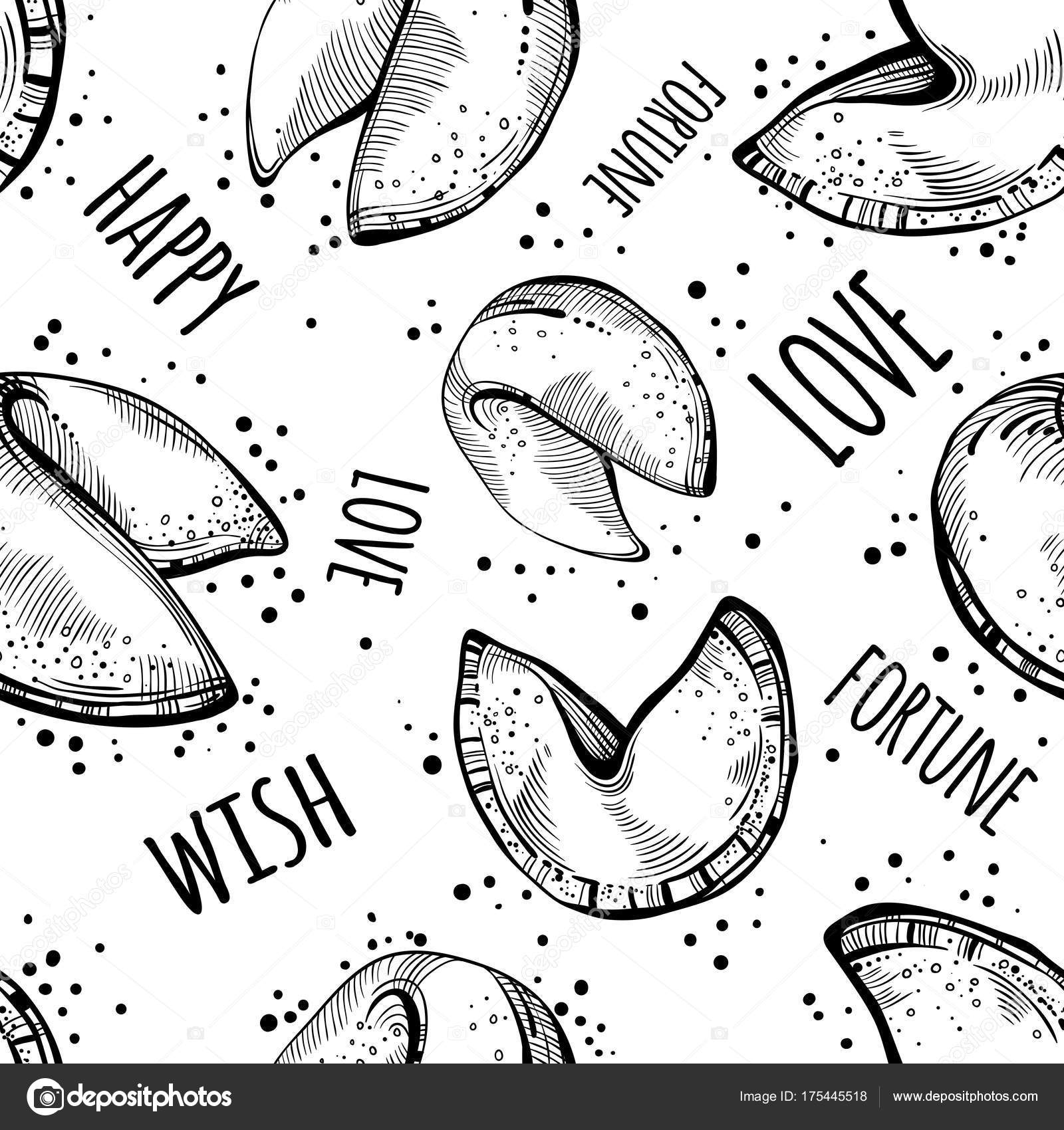 1600x1700 Chinese Fortune Cookies Black And White Seamless Pattern. Chinese