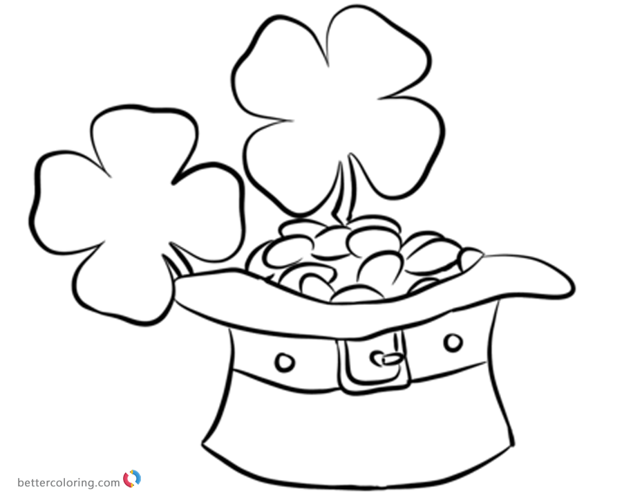 900x720 Four Leaf Clover Coloring Pages With Leprechaun Hat And Coins