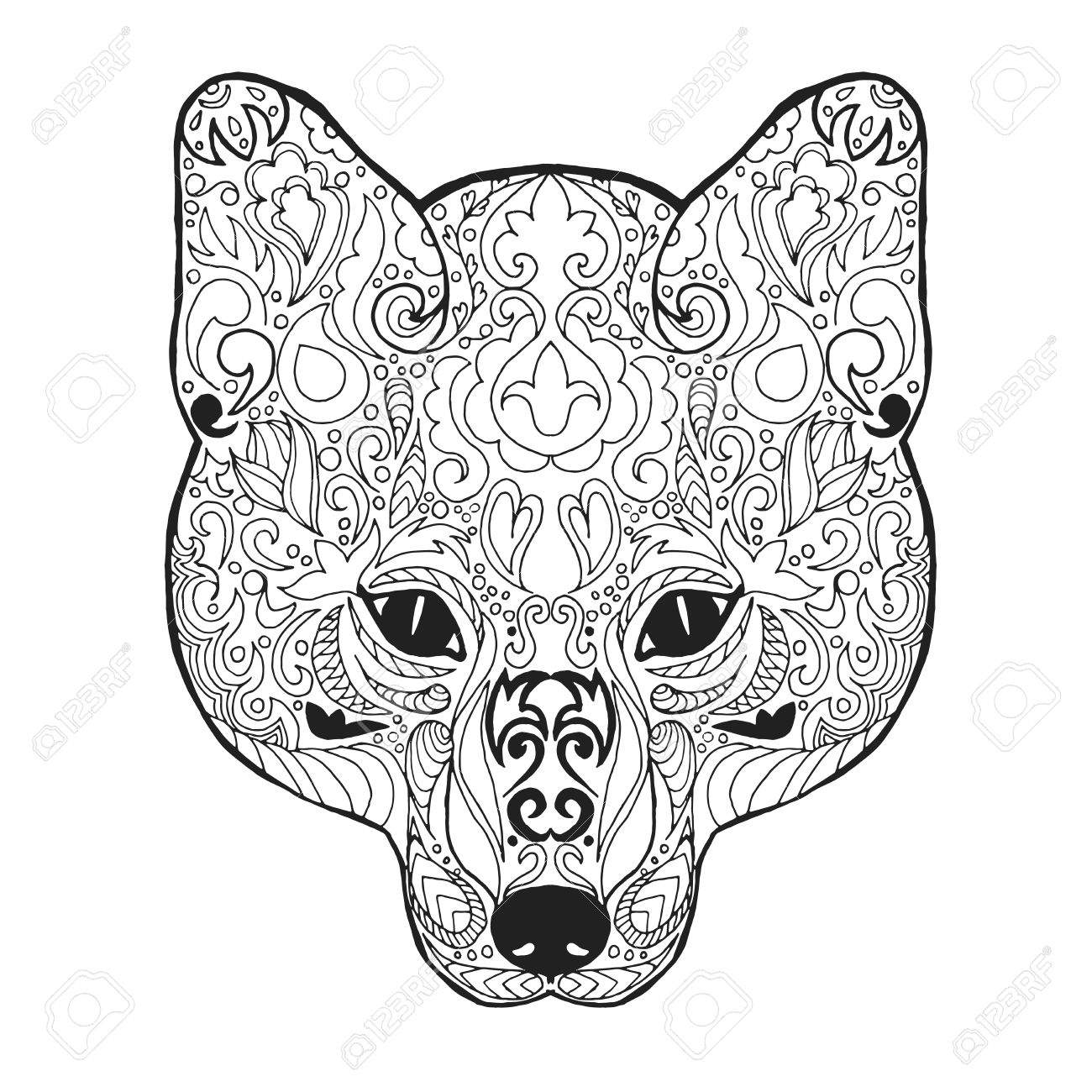 1300x1300 Fox Head. Adult Antistress Coloring Page. Black White Hand Drawn