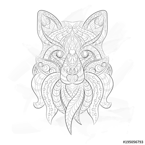 500x500 Ethnic Patterned Ornate Hand Drawn Head Of Fox. Black And White