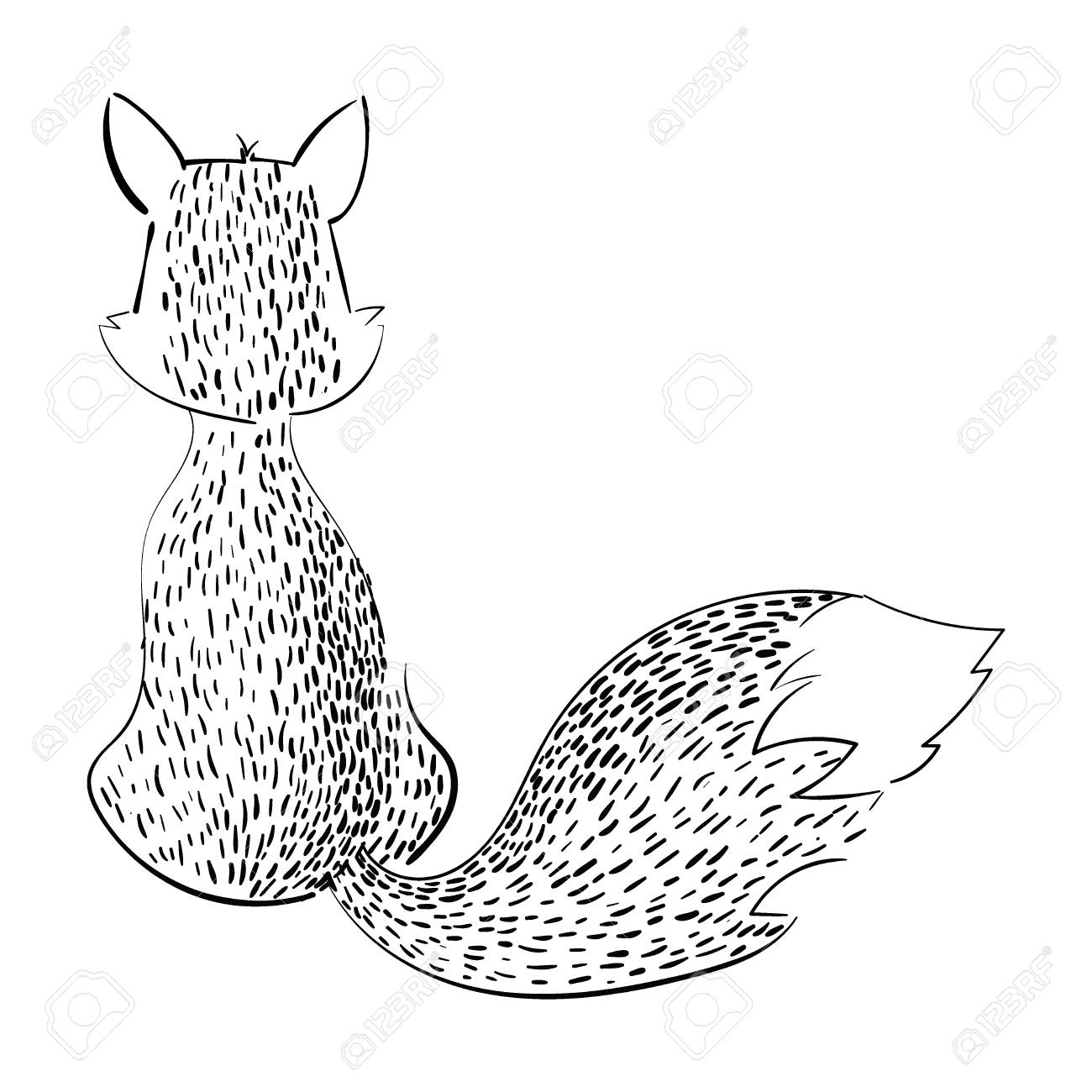 1300x1300 Cartoon Fox Sitting With Her Back. Stylized Black And White Fox