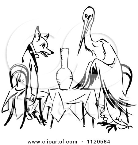 450x470 Clipart Of A Retro Vintage Black And White Stork And Fox Dining