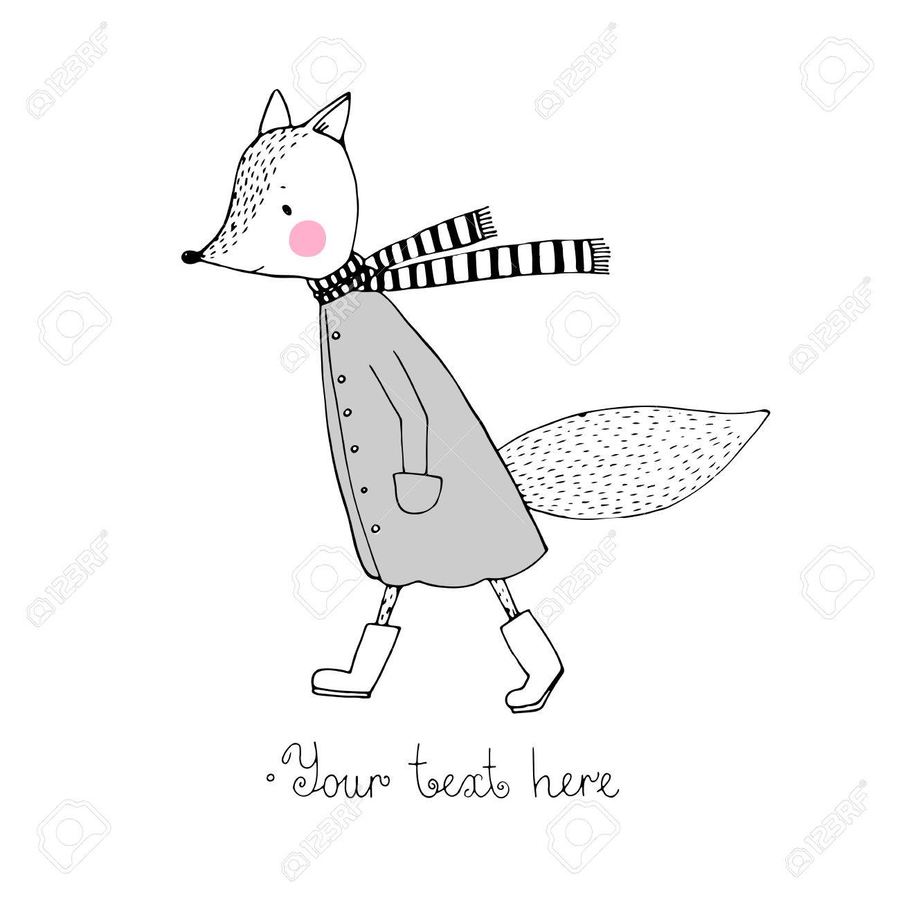 1300x1300 Sad Fox Walking In The Rain. Hand Drawing. Vector Illustration