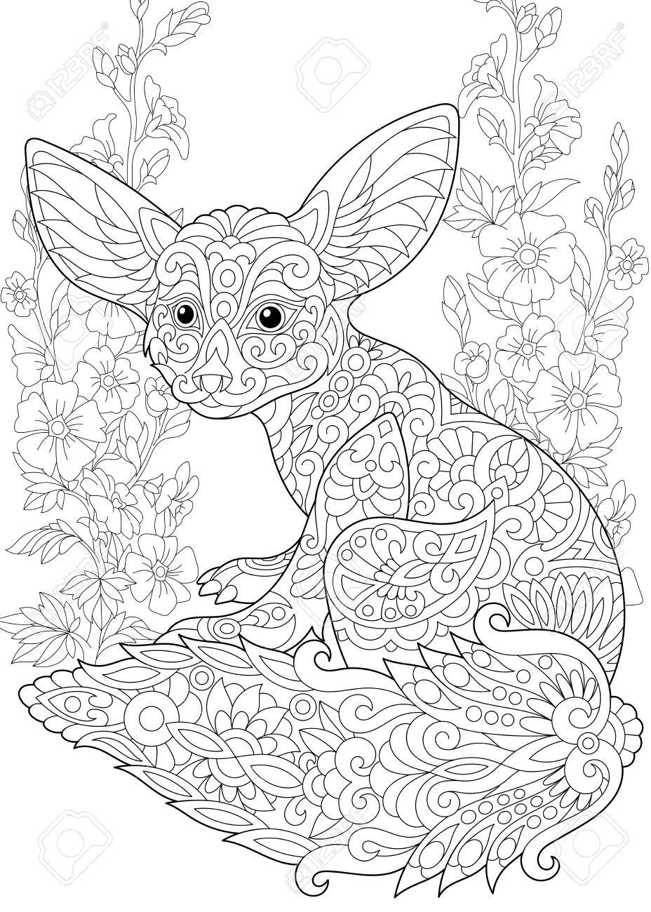 928x1300 Coloring Page. Fennec Fox And Mallow Flowers. Freehand Sketch