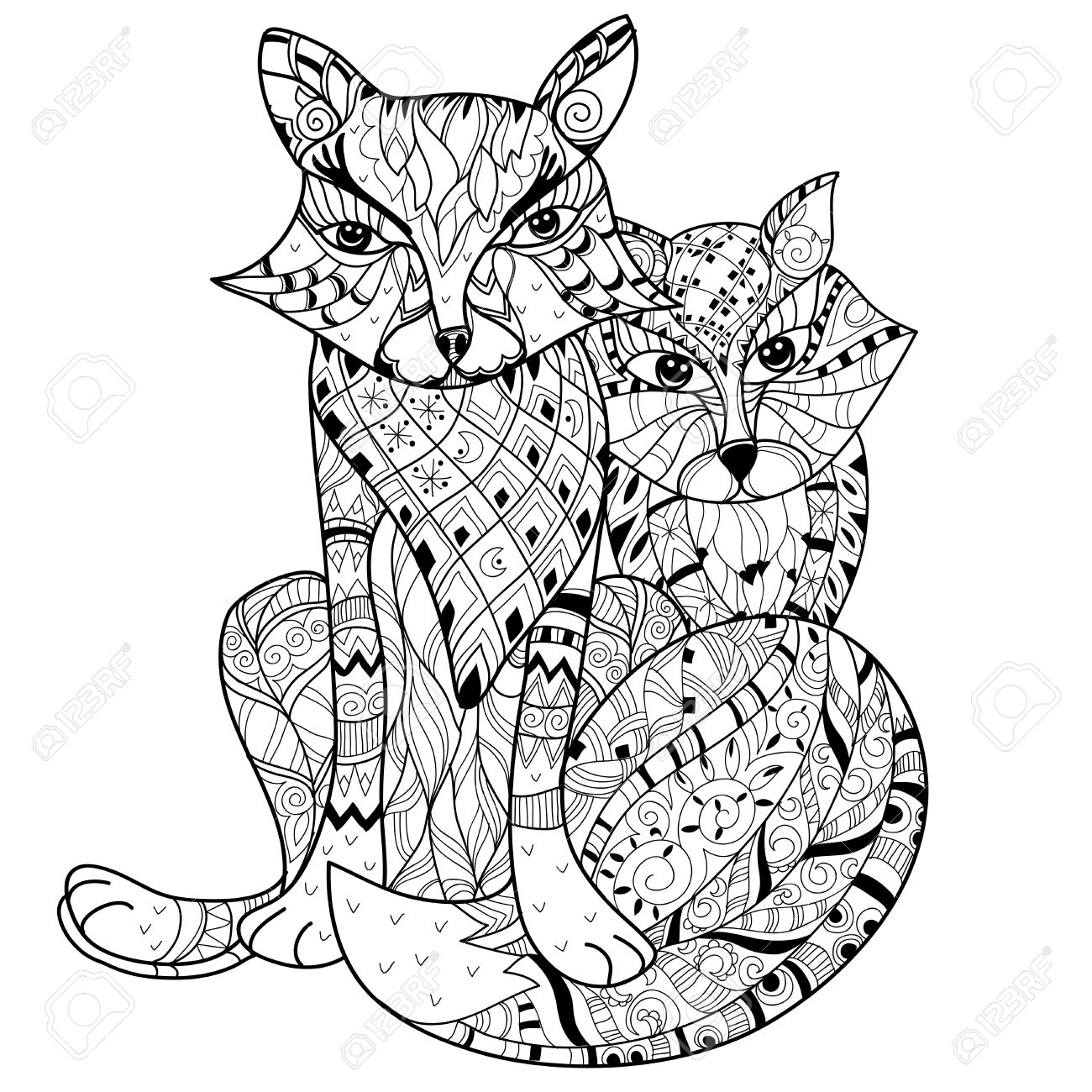 1300x1300 Hand Drawn Doodle Outline Fox Decorated With Ornaments.vector