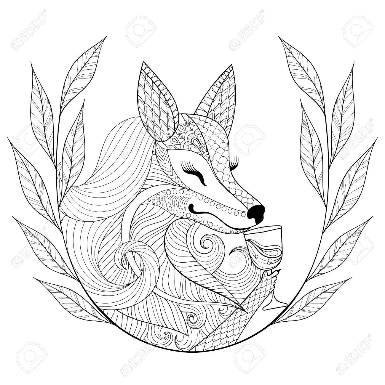 1299x1300 Fox With Glass Of Wine In Monochrome Doodle Style. Wild Animal
