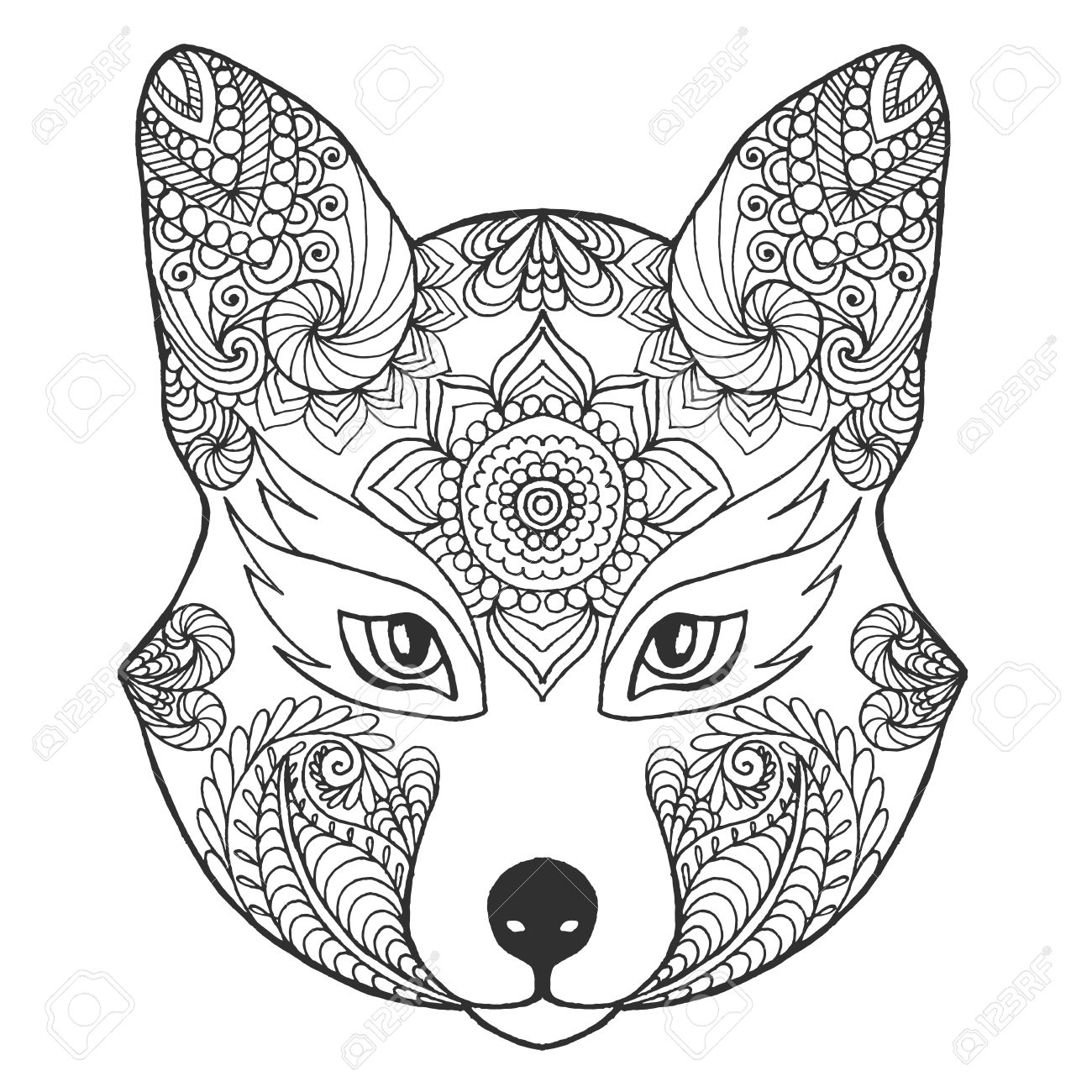 1300x1300 Fox Head. Black White Hand Drawn Doodle Animal. Ethnic Patterned