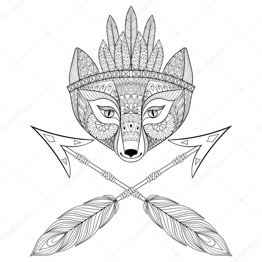 1024x1024 Zentangle Wild Fox Head With Indian War Bonnet And Arrows. Hand