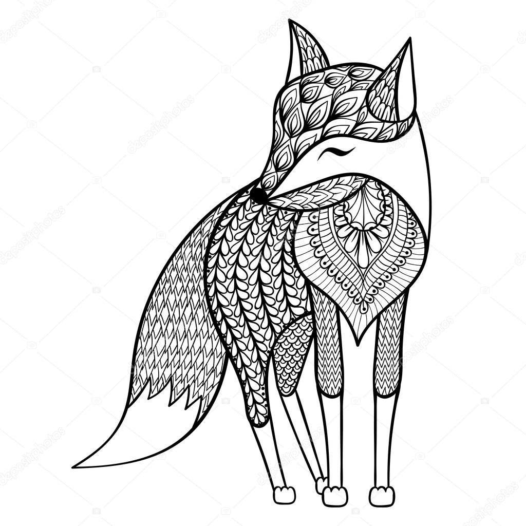 1024x1024 Zentangle Vector Happy Fox For Adult Anti Stress Coloring Pages