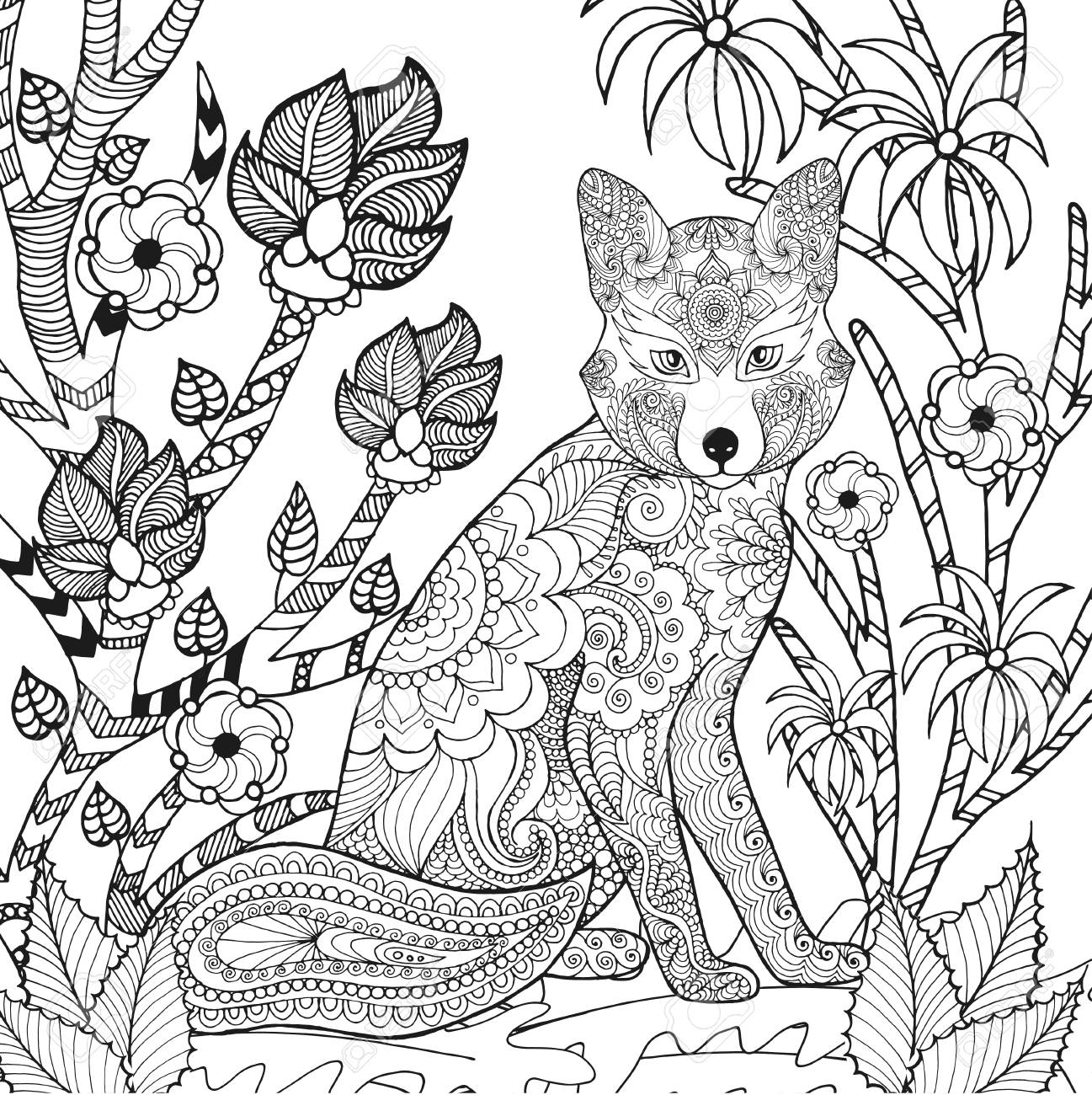 1297x1300 Zentangle Stylized Fox In Fantasy Garden. Animals. Hand Drawn