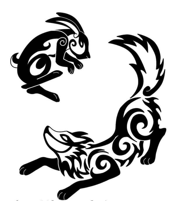 600x687 Dark Black And White Rabbit And Fox Tattoo