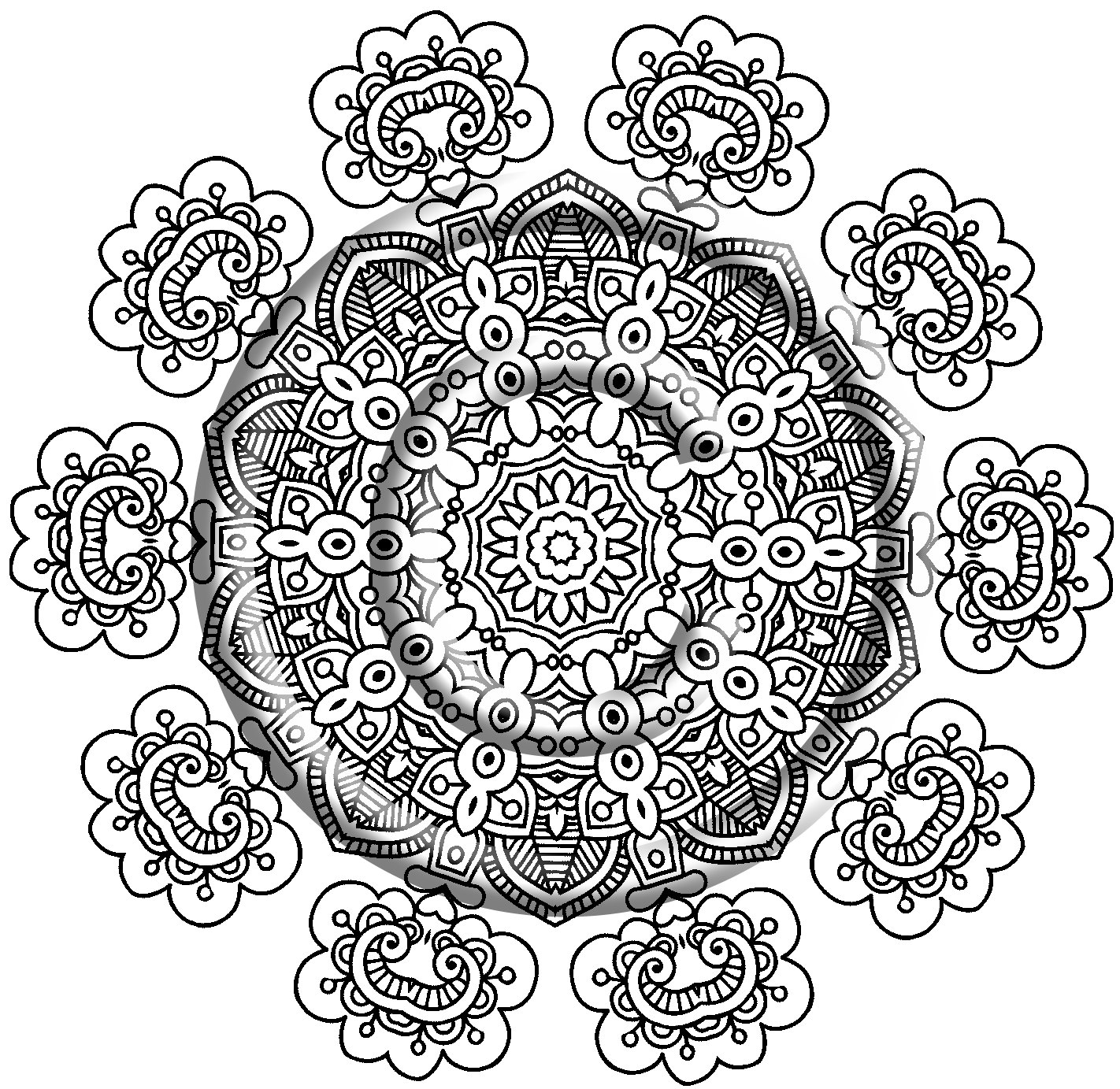 1422x1383 Printable Download Coloring Page, Hand Drawn Zentangle Inspired
