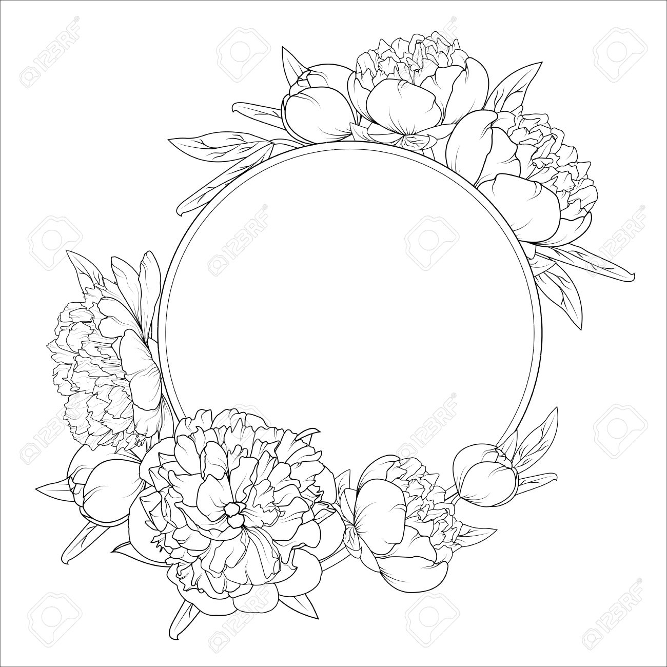 1300x1300 Rose Peony Spring Summer Flowers Round Frame Wreath. Detailed
