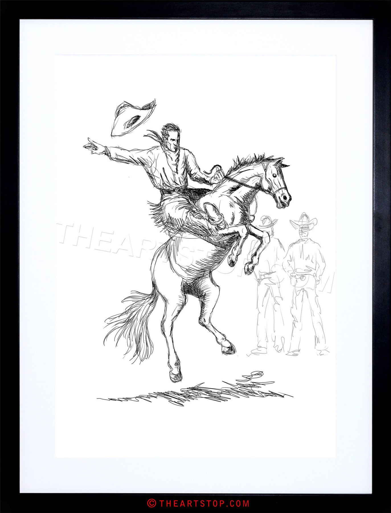1373x1800 Painting Drawing Sketch Rodeo Cowboy Horse Hat Bronco Buck Framed