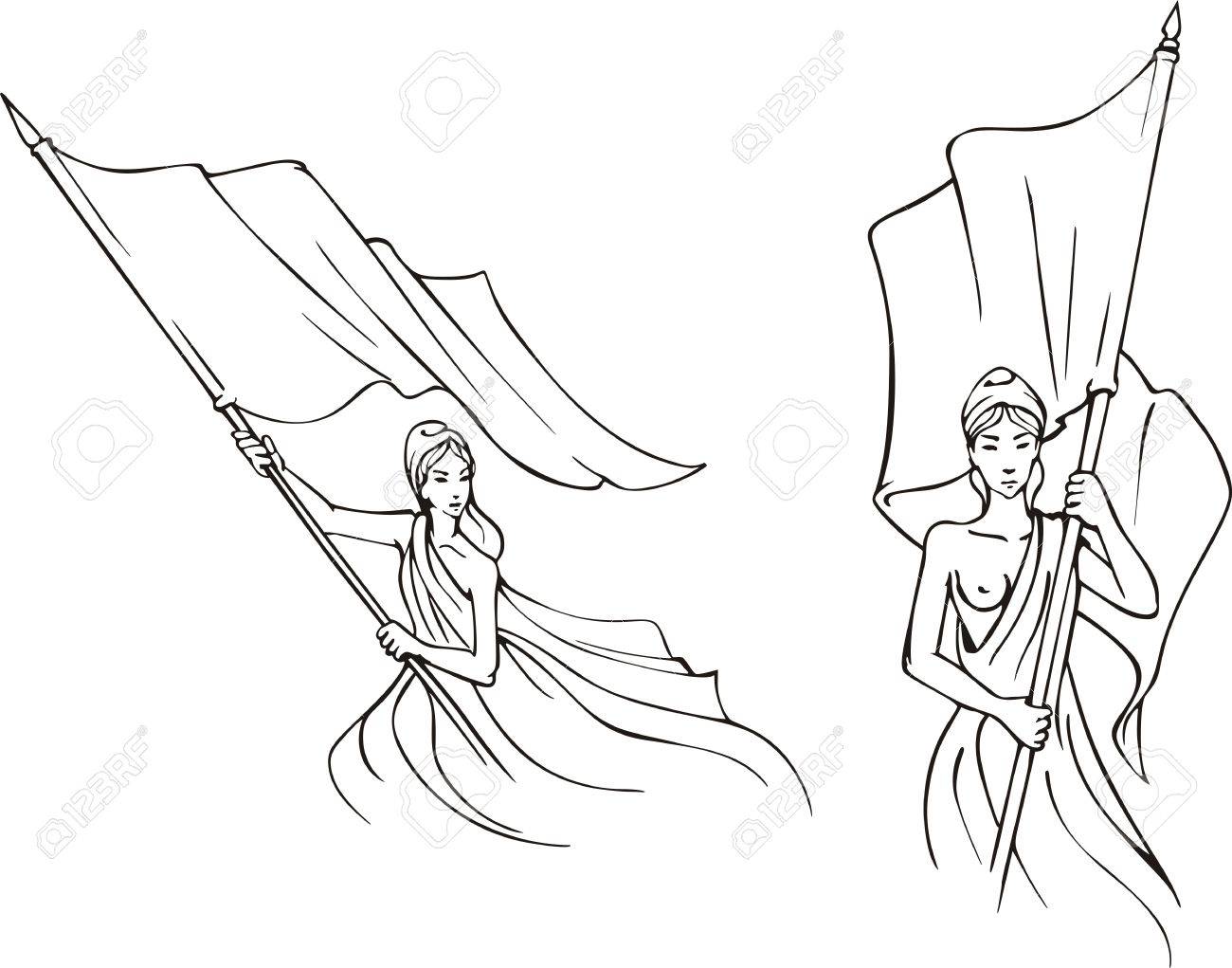 1300x1021 French Marianne With Flags. Set Of Black And White Vector