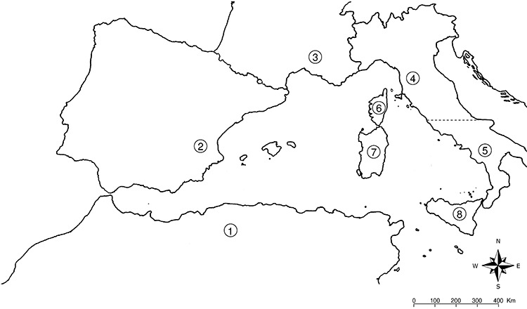 750x440 Map Of The Study Area 1, North Africa 2, Spain 3, France 4,