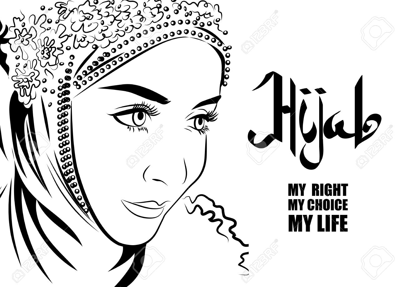 1300x919 Muslim Female In Hijab Hand Drawing Style. Arabic Calligraphy