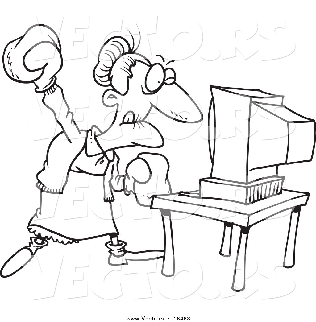1024x1044 Vector Of A Cartoon Mad Granny Beating A Computer With Boxing