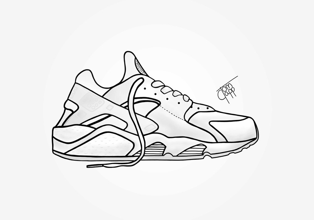 1000x700 Digital Drawing Of The Platinum White Huarache, Printed Onto