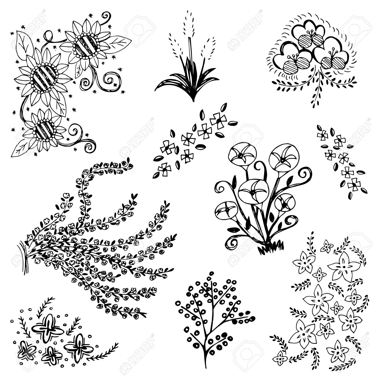 1299x1300 Set Of Flower Sketch Vector,free Hand Drawing Doodle Sketch