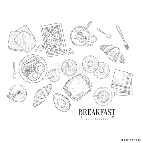 500x500 Breakfast Food Isolated Drawings Set Hand Drawn Realistic Sketch