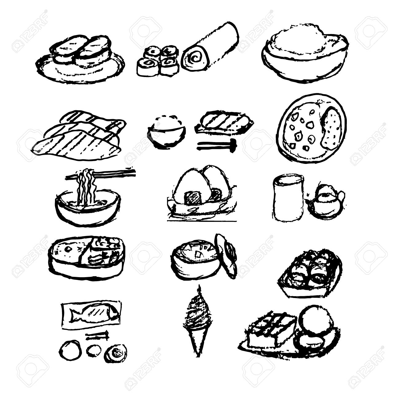 1300x1300 Japanese Food Doodle Hand Draw Style Set 12 Item Royalty Free