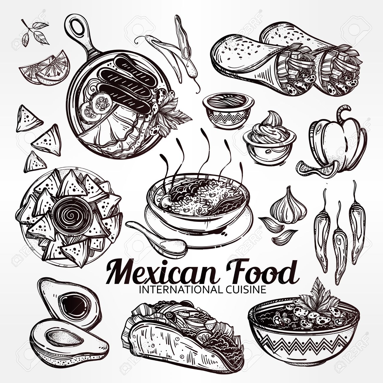 1300x1300 Mexican Hand Drawn Food Set Menu. International Latin Food Vector