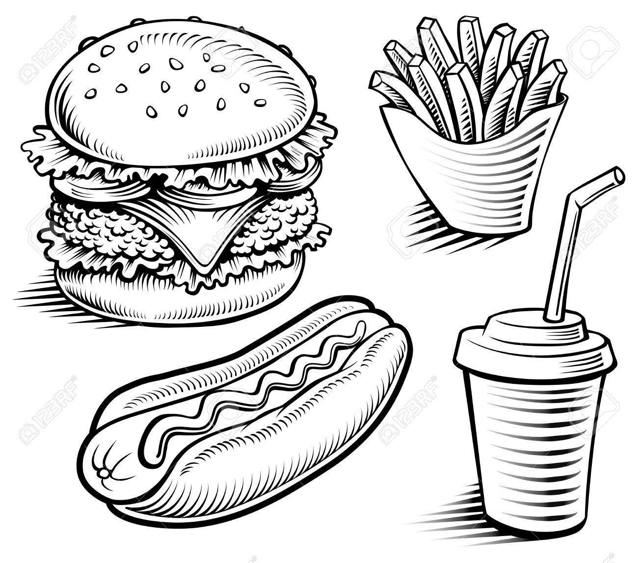 1300x1147 Fast Food Hamburger, Fries, Hotdog, Drink Hand Drawing Royalty