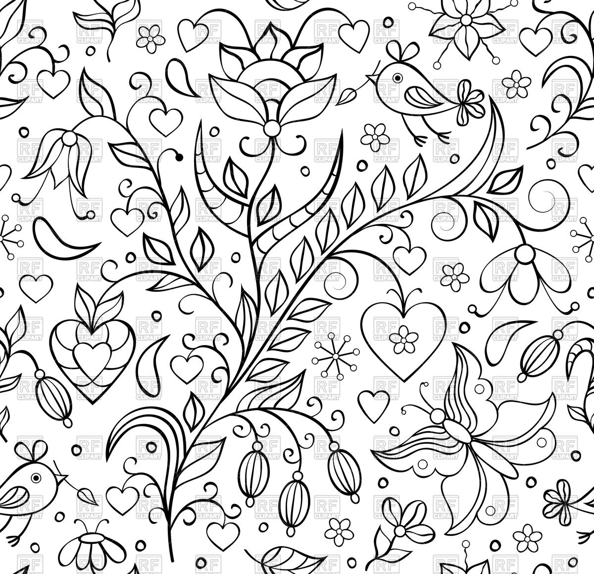 1200x1159 Hand Drawn Flowers And Birds Royalty Free Vector Clip Art Image