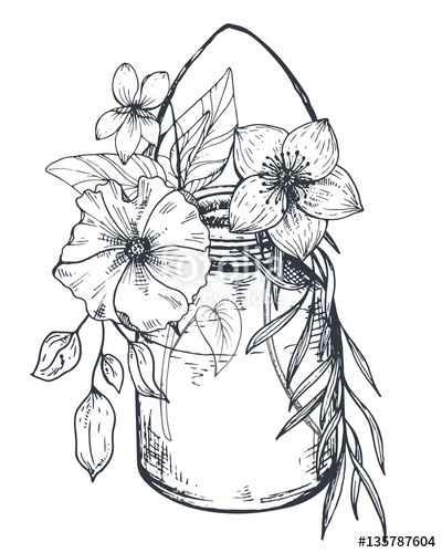 400x500 Bouquets With Hand Drawn Flowers And Plants In The Jar. Stock