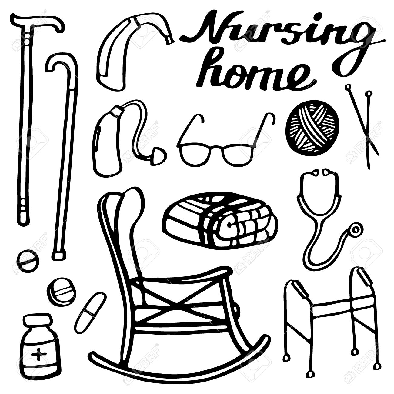 1300x1300 Nursing Home Set. Hand Drawn Stuff For Elderly Home. Doodle