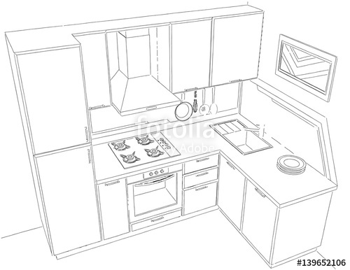 500x386 Modern Corner Kitchen Interior Pencil Drawing. Stock Photo