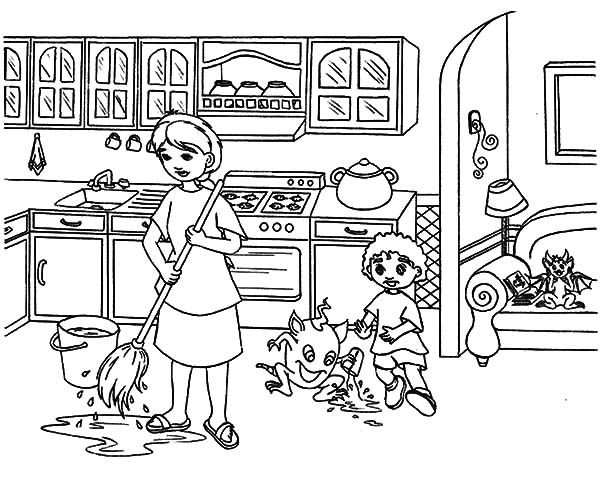 600x485 My Mother Moping Kitchen Floor Coloring Pages