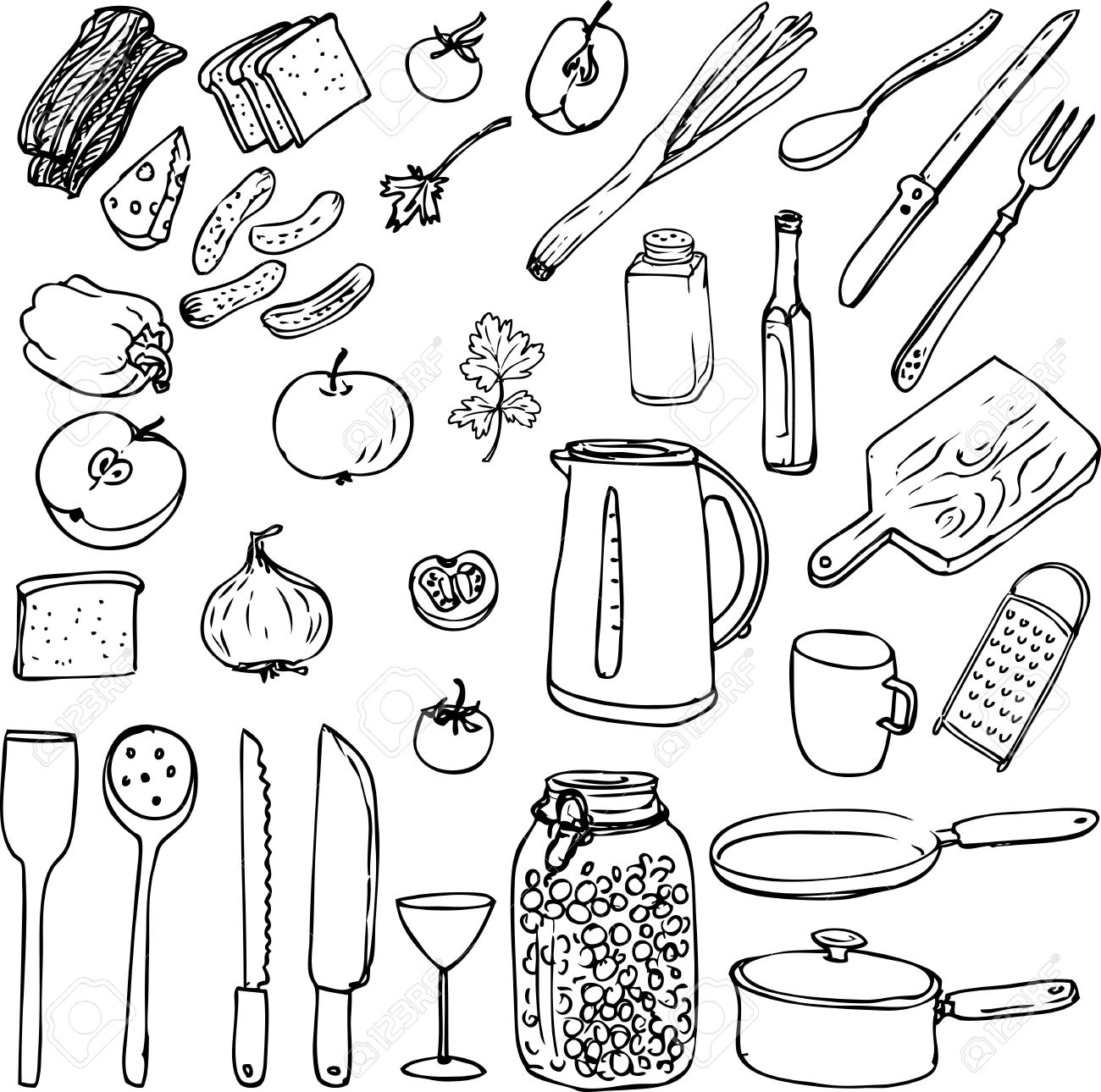 1300x1290 Sketch Of Foods, Utensils And Kitchen Equipment, Hand Drawn Vector