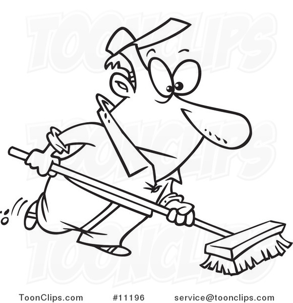 581x600 Cartoon Black And White Line Drawing Of A Guy Using A Push Broom