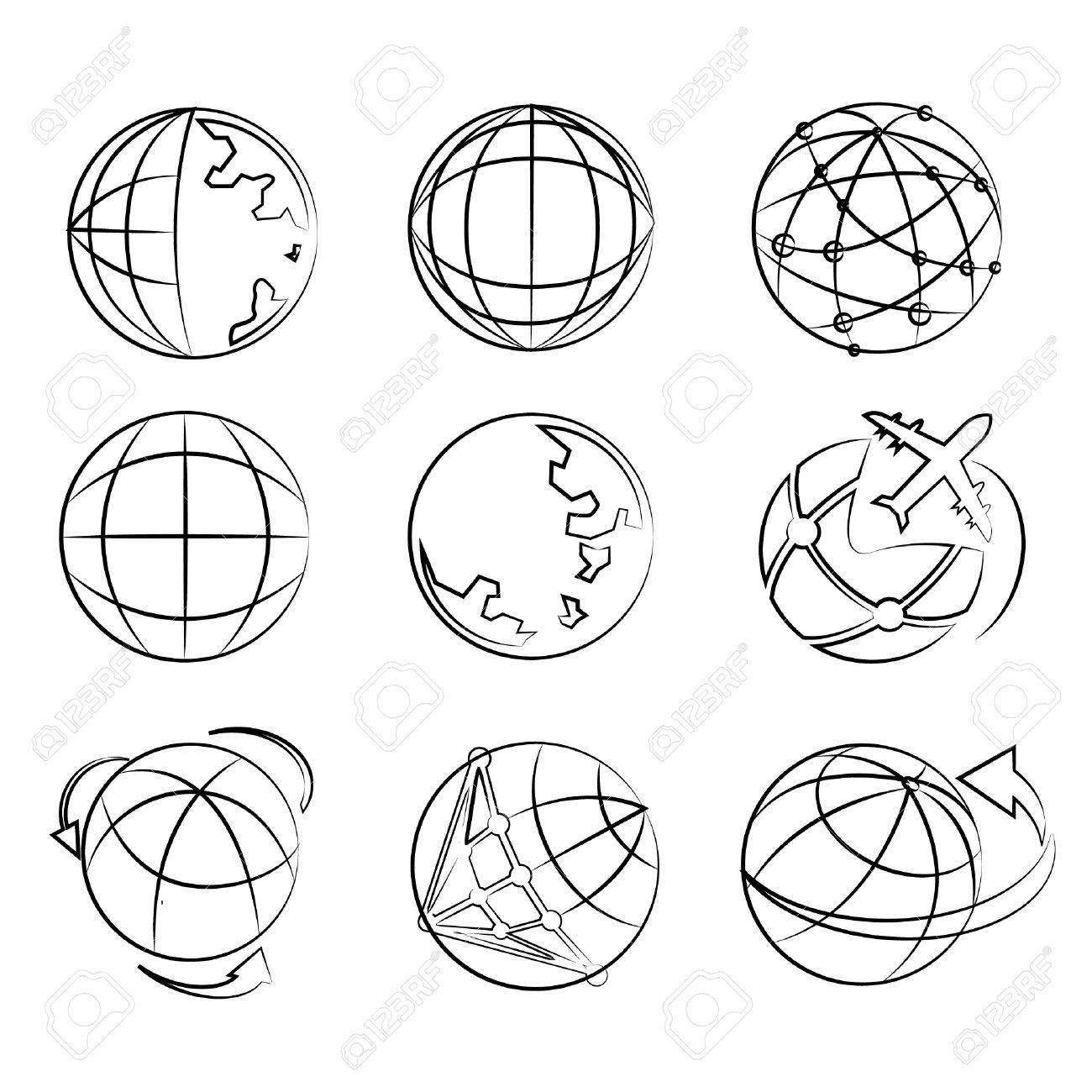 1300x1300 Globe Drawing Line Set, World Map Sketch Line Royalty Free