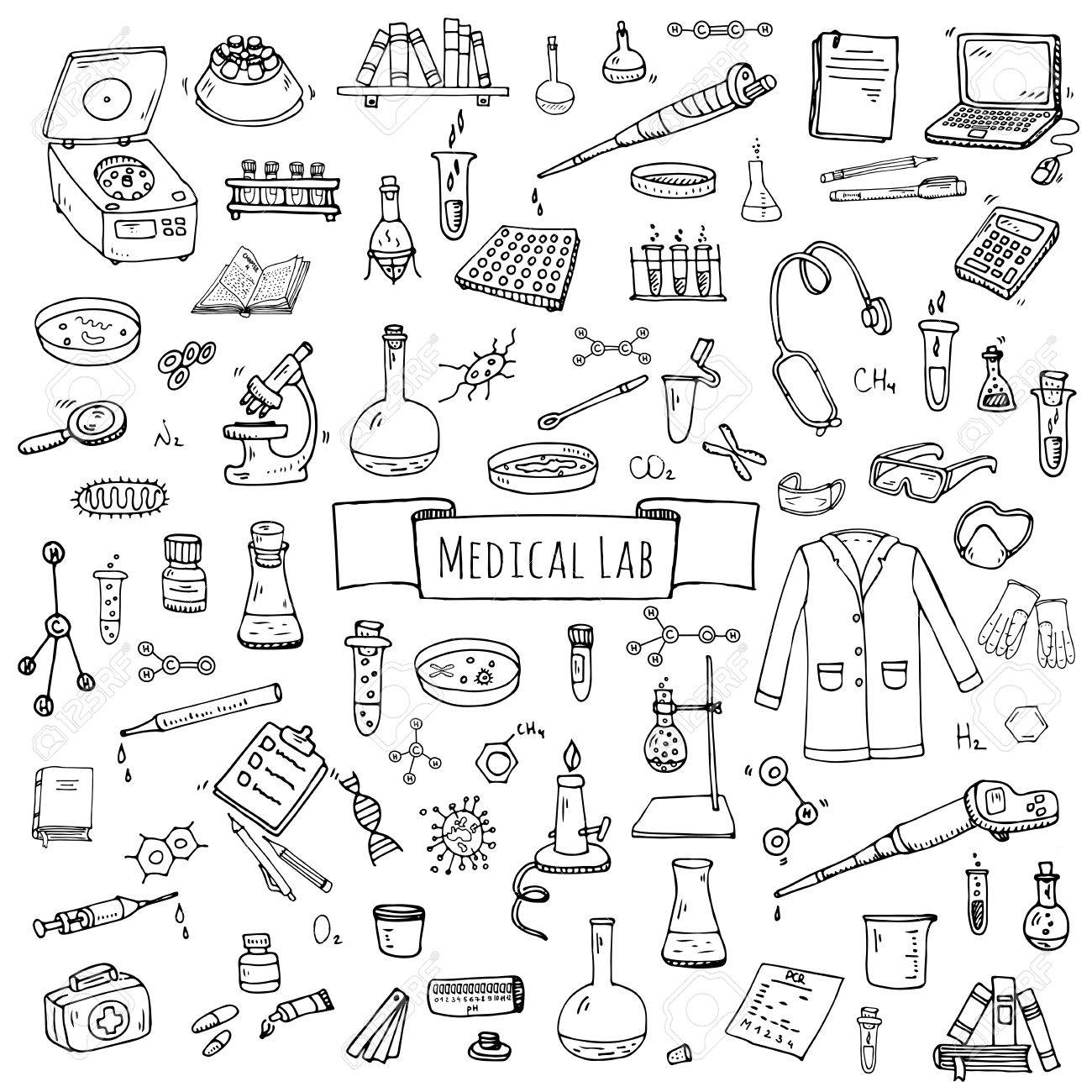 1300x1300 Hand Drawn Doodle Medical Laboratory Icons Set. Vector