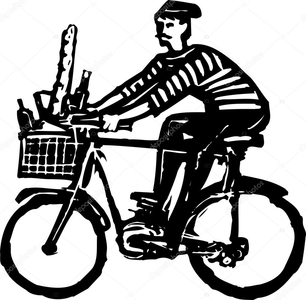 1023x1001 French Man Riding Bicycle With French Bread And Wine Stock