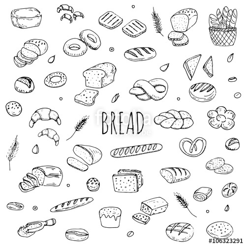 500x500 Hand Drawn Doodle Set Of Cartoon Food Rye Bread, Ciabatta, Whole